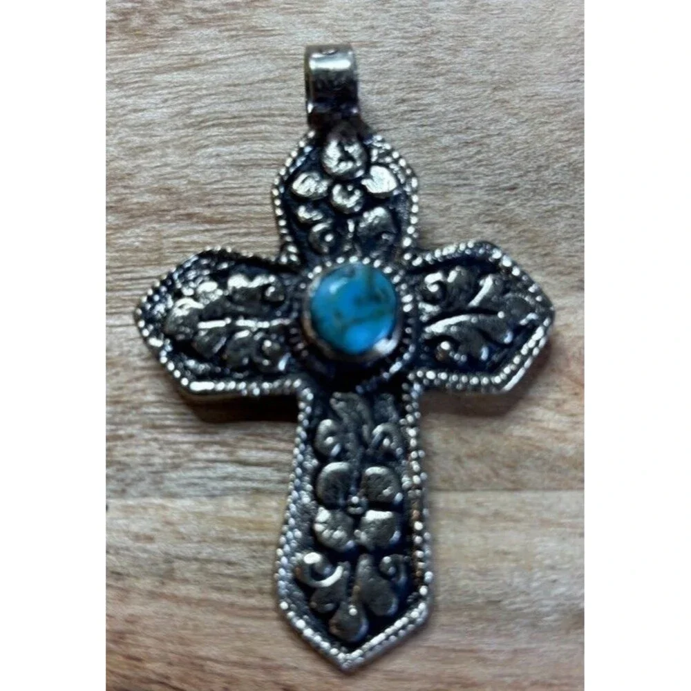 German Silver Cross Pendant Turquoise Cabochon Nepal Tibetan Floral Scroll